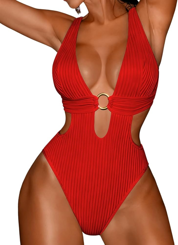 EHSUYAB Sexy Women Plunge V One Piece Swimsuit,Cut Out Textured Cheeky High Cut Bathing Suit, Poo... | Amazon (US)