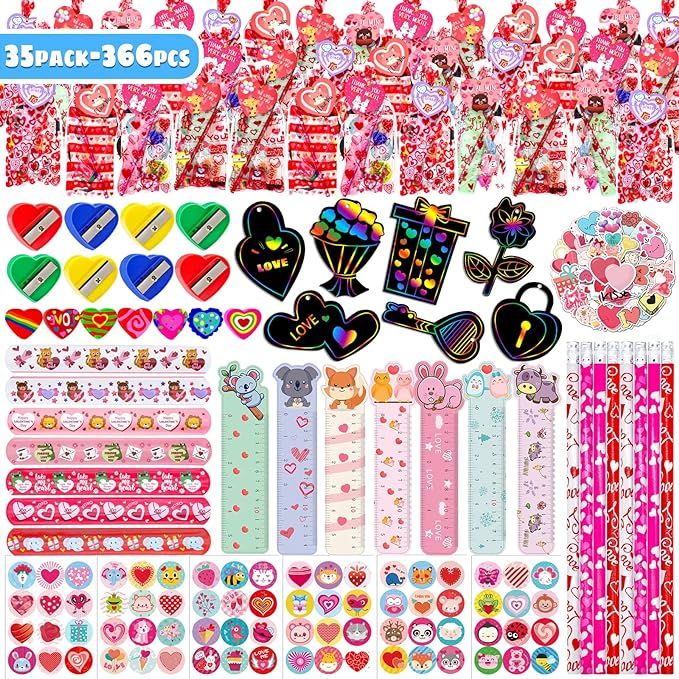 35 Pack Valentines Day Gifts For Kids, 366 Pcs Assorted Stationery Set Goodie Bags With Pencil Er... | Amazon (US)