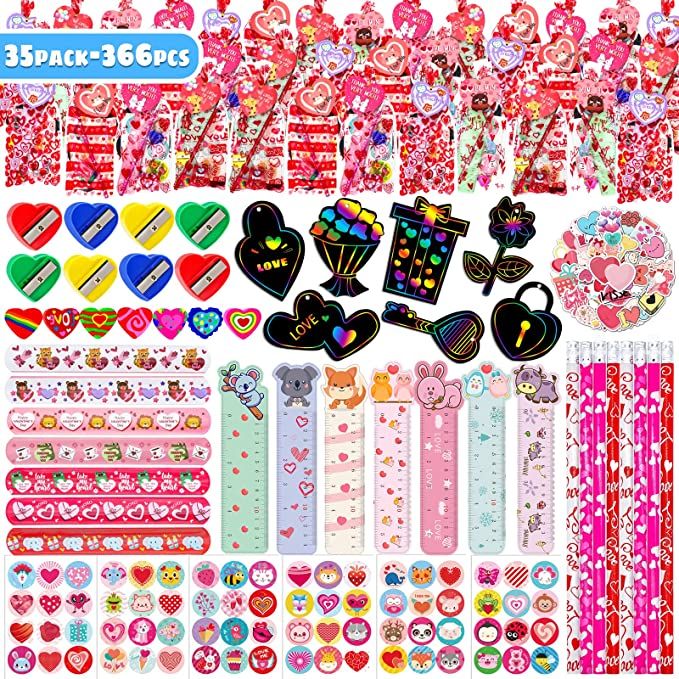 35 Pack Valentines Day Gifts For Kids, 366 Pcs Assorted Stationery Set Goodie Bags With Pencil Er... | Amazon (US)