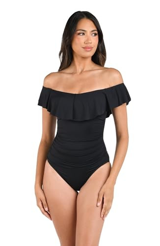 La Blanca Women's Standard Island Goddess Off Shoulder Ruffle One Piece Swimsuit, Black, 0 | Amazon (US)