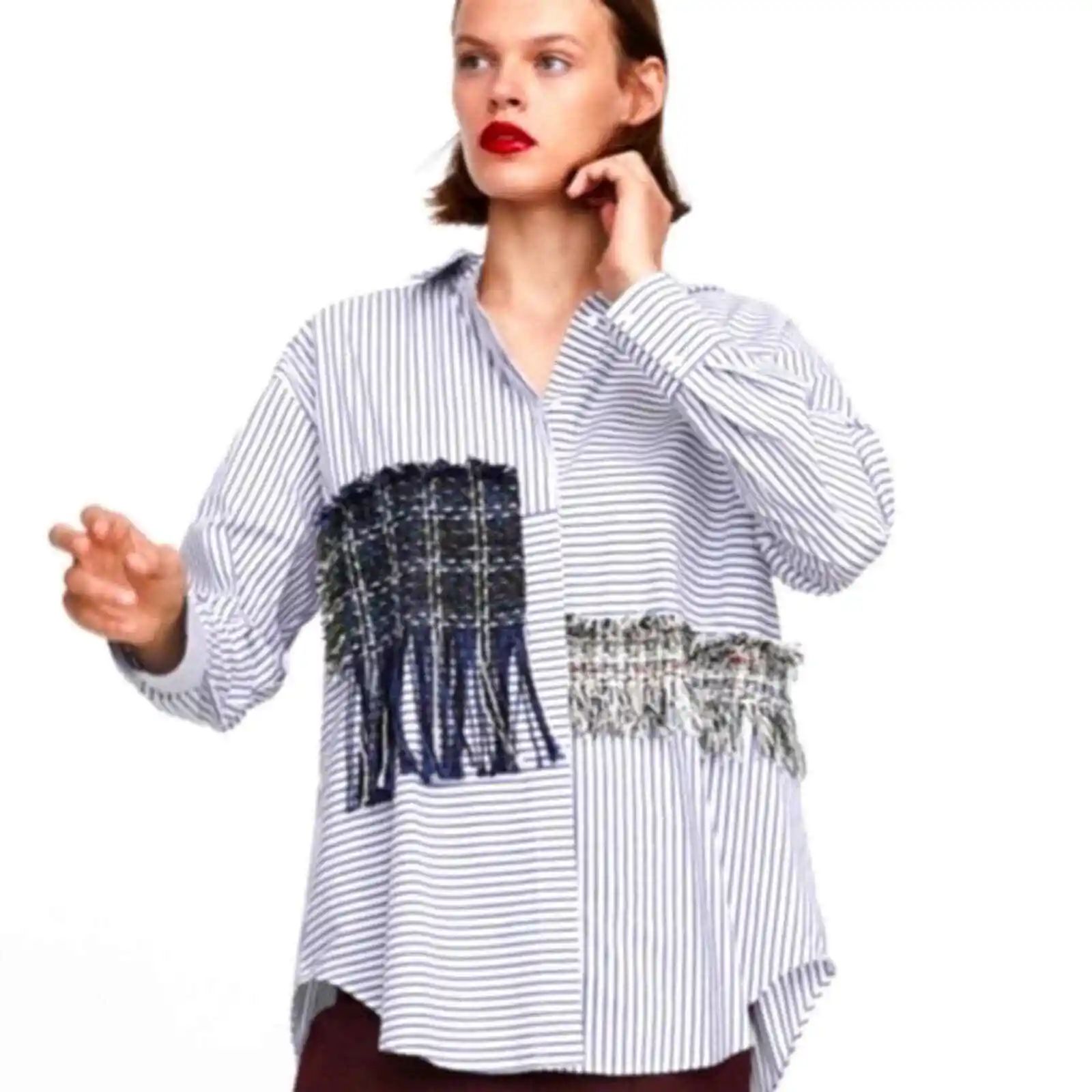 Zara blue and white striped contrast tweed long sleeved button down shirt NWOT M  | eBay | eBay US