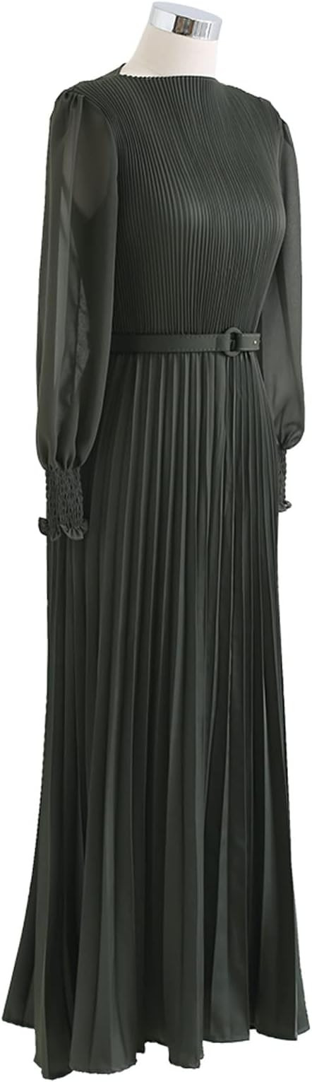 CHICWISH Women's Lilac/Yellow/Dark Green/Tan Full Pleated Belted Maxi Dress | Amazon (US)