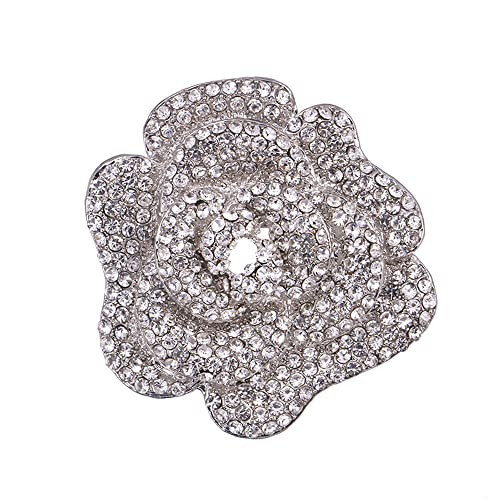Rhinestone Rose Brooch Pin for Women Girls Fashion Crystal Big Blossom Flower Brooch Lapel Pins Elegant Dress Accessories Jewelry Boutonniere Corsage for Hat Bag Suit Tie Gift Wedding Holiday (Silver) | Amazon (US)