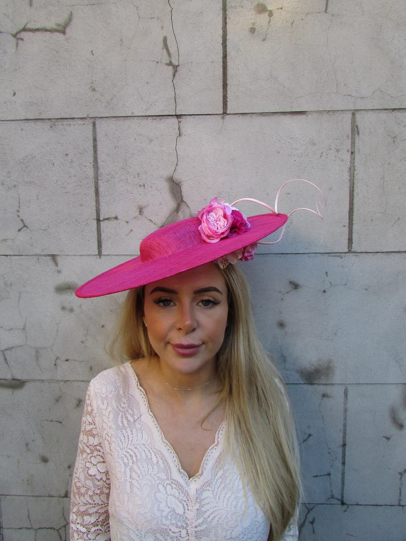 Hot Pink Fuchsia Light Pink Rose Flower Floral Fascinator Disc Hat Saucer Boater Wedding Guest Ha... | Etsy (US)