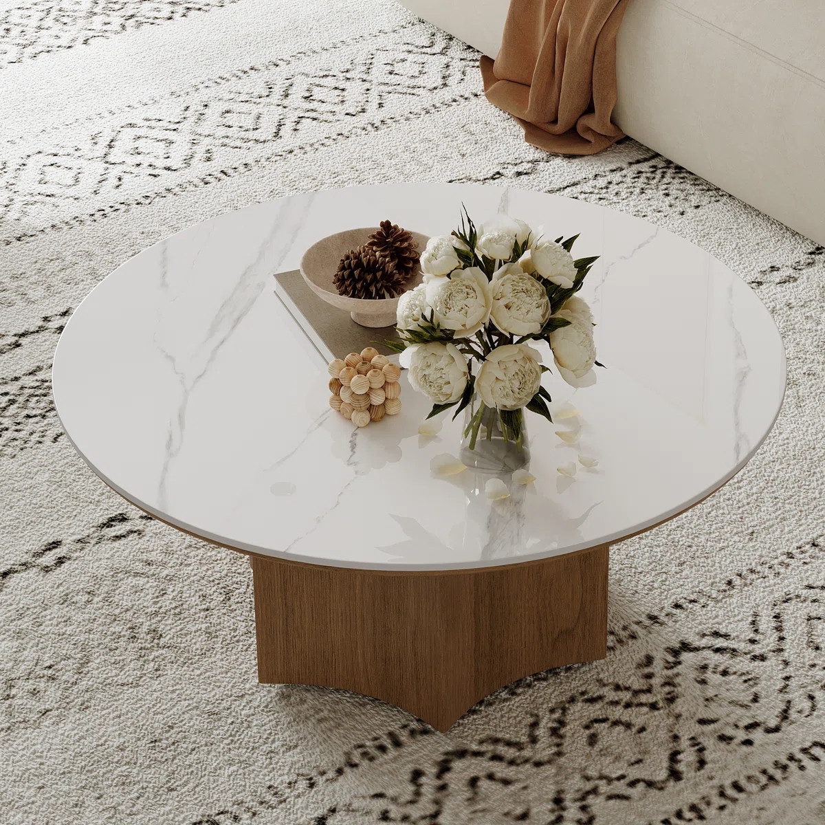 Round Faux Marble Coffee Table with Solid Wood Base - Modern Easy Assembly Living Room Coffee Tab... | Wayfair North America