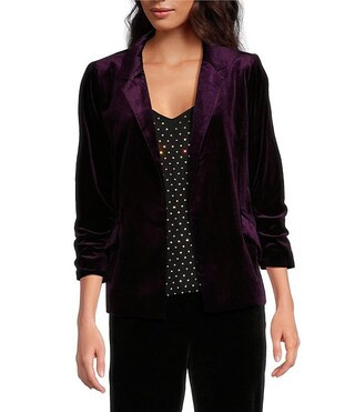Skies Are Blue Velvet Notch Lapel Open Front 3/4 Ruched Sleeve Coordinating Blazer | Dillard's | Dillard's