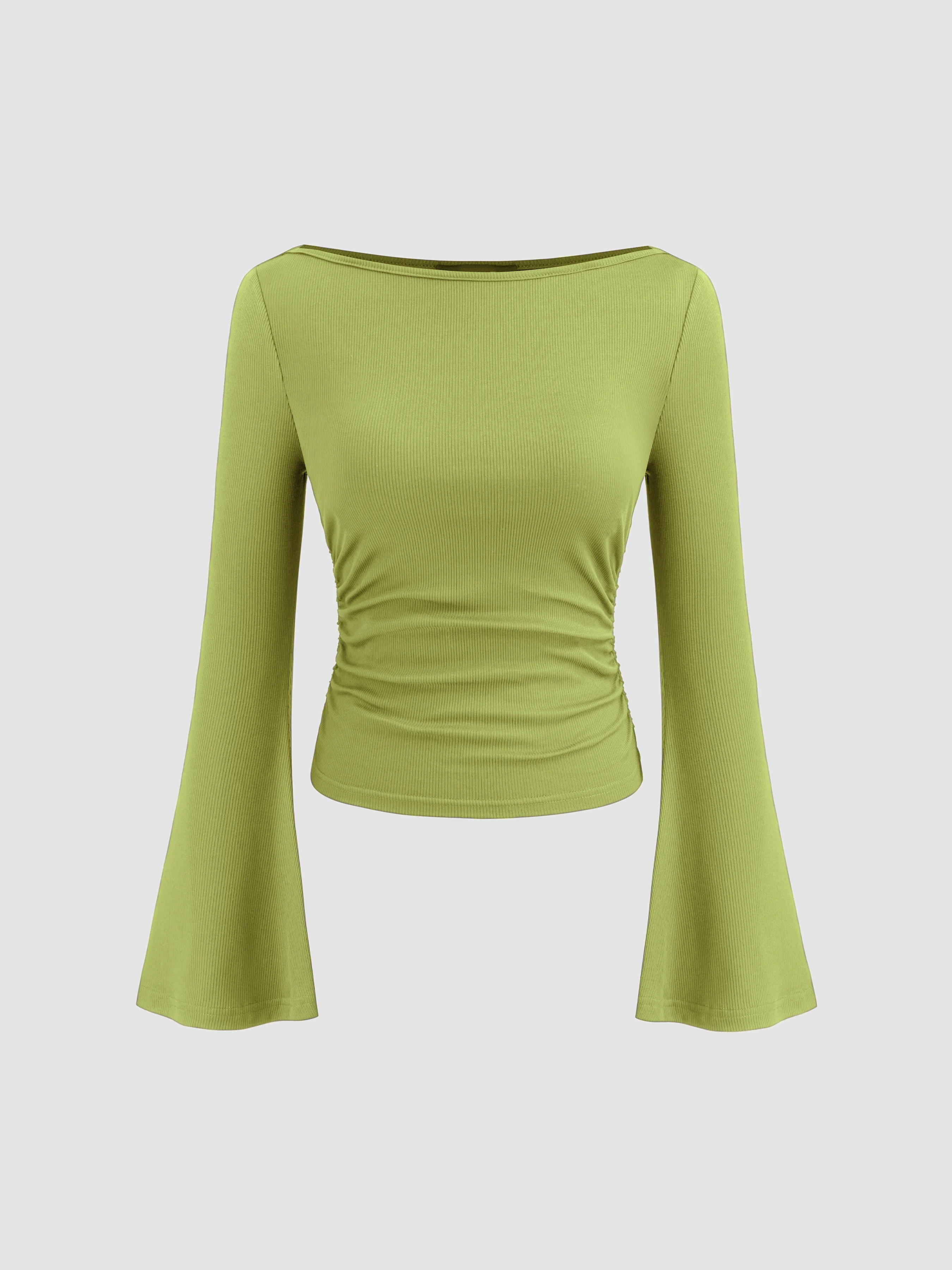 City Chic Countryside Core Knit Fabric Boat Neck Solid Ruched Long Sleeve Tee For Daily Casual Wo... | Cider