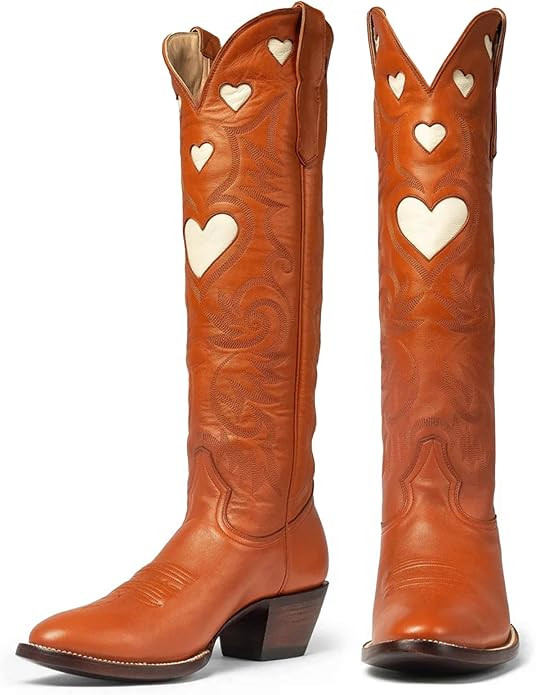 Cowboy Boots for Women Wide Calf Round Toe Chunky Stacked Heel Knee High Cowgirl Boot Heart Patte... | Amazon (US)