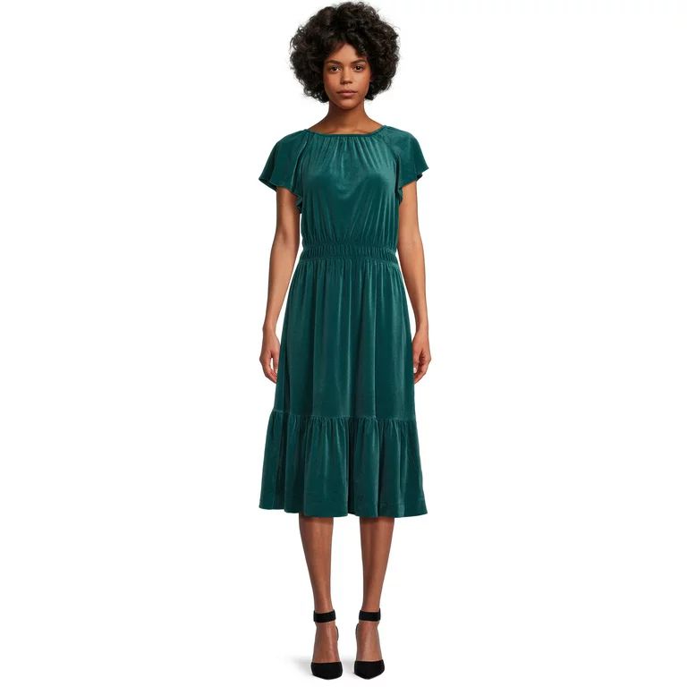 Time and Tru Women's Velvet Flutter Sleeve Dress, Sizes XS-XXXL - Walmart.com | Walmart (US)