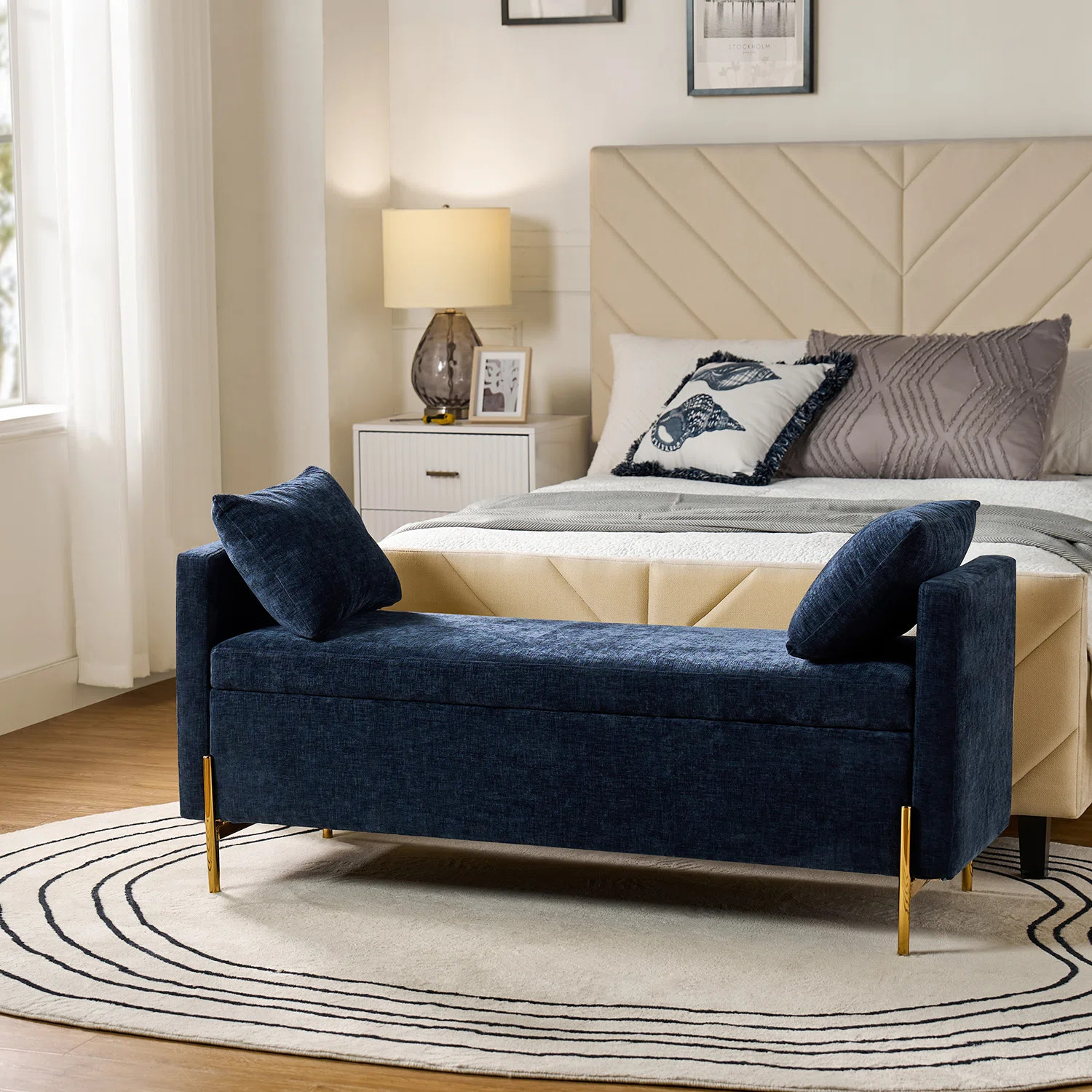 Aristides 56''W Upholstered Flip Top Bench with Subdivided Storage and Toss Pillows | Wayfair North America