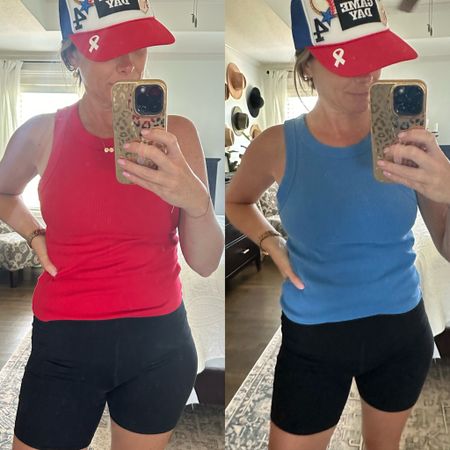 Fave Old Navy tanks. Wearing the medium (red) and large (blue).
