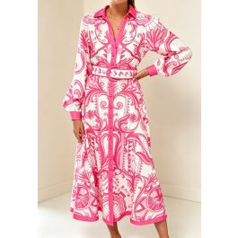 Tile Print Puff Sleeve Belted Shirt Dress in Magenta for Resort Brunches & Coastal Getaways | Chicwish