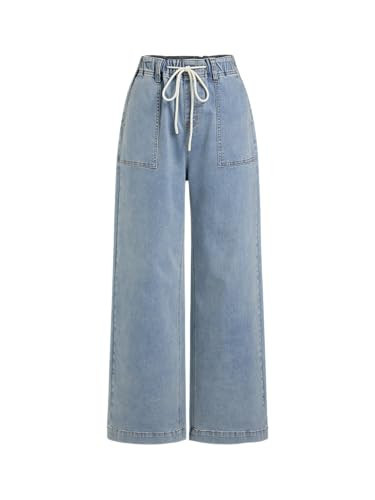 CIDER Womens Drawstring Baggy Wide Leg Jeans High Elastic Waist Boyfriend Jeans with Deep Pockets Trendy Denim Pants | Amazon (US)