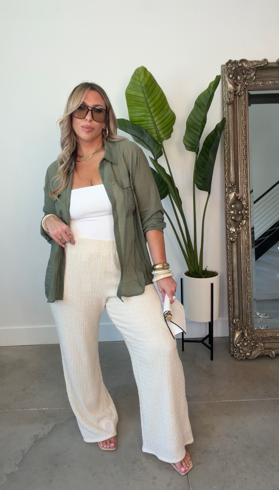 Midsize Elevated Casual

NOTE: having issues with the item and the correct color showing. click the item and then choose your color

lightweight green top XL 
white double lined compression tube top (enough support to go braless) 
cream textured double lined pants size L reg length. Super stretchy and not see through. They run long; I have on the reg length and still have room for a heel. Also comes with a matching top (not double lined).

#LTKMidsize #LTKOver40 #LTKootd