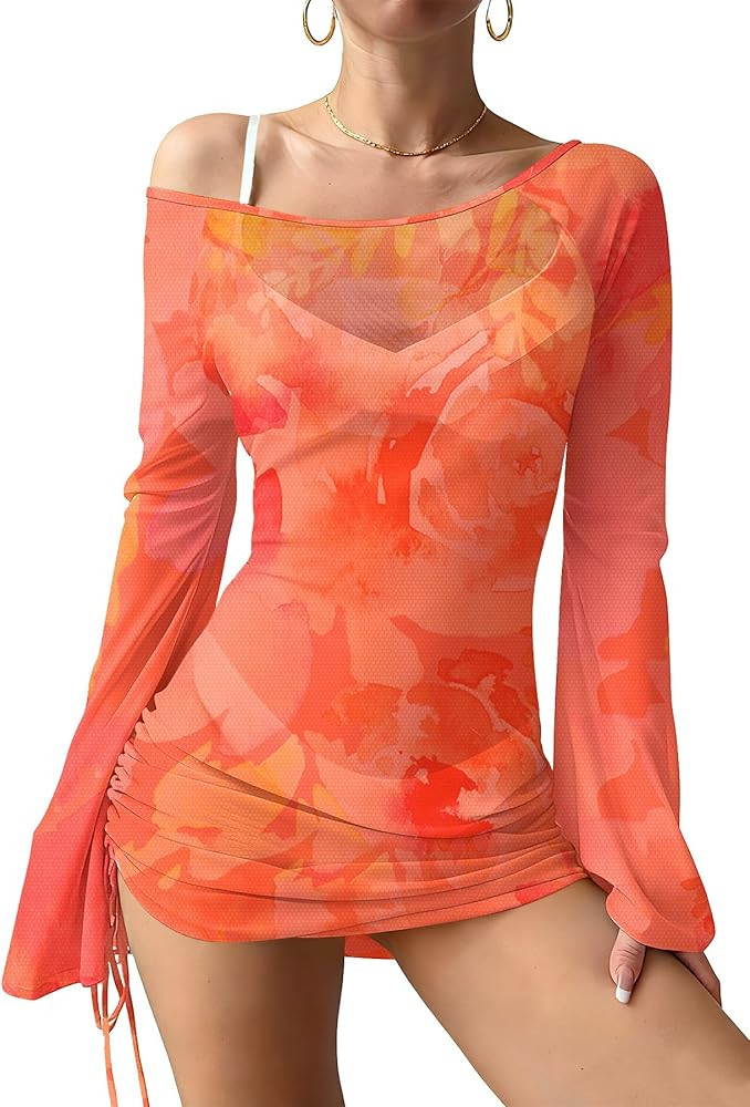 Women's Summer 2026 Off Shoulder Drawstring Ruched Side Mesh Swimsuit Cover Up Bell Sleeve Beach ... | Amazon (US)
