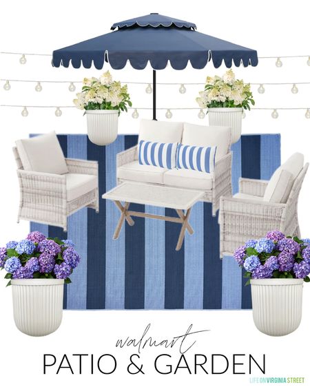 Loving these Walmart outdoor furniture finds! I’m sharing a bunch of design boards today including this Hamptons inspired navy blue scalloped umbrella, whitewashed woven patio furniture, blue striped outdoor rug, striped outdoor pillows, fluted planters, white string lights and more! See more design ideas here: https://lifeonvirginiastreet.com/walmart-outdoor-furniture-design-boards/.
.
#ltkhome #ltkseasonal #ltksalealert #ltkstyletip #ltkfindsunder100 #ltkfindsunder50 patio decor, outdoor decor, patio conversation set, Serena & Lily look for less

#LTKSeasonal #LTKSaleAlert #LTKHome