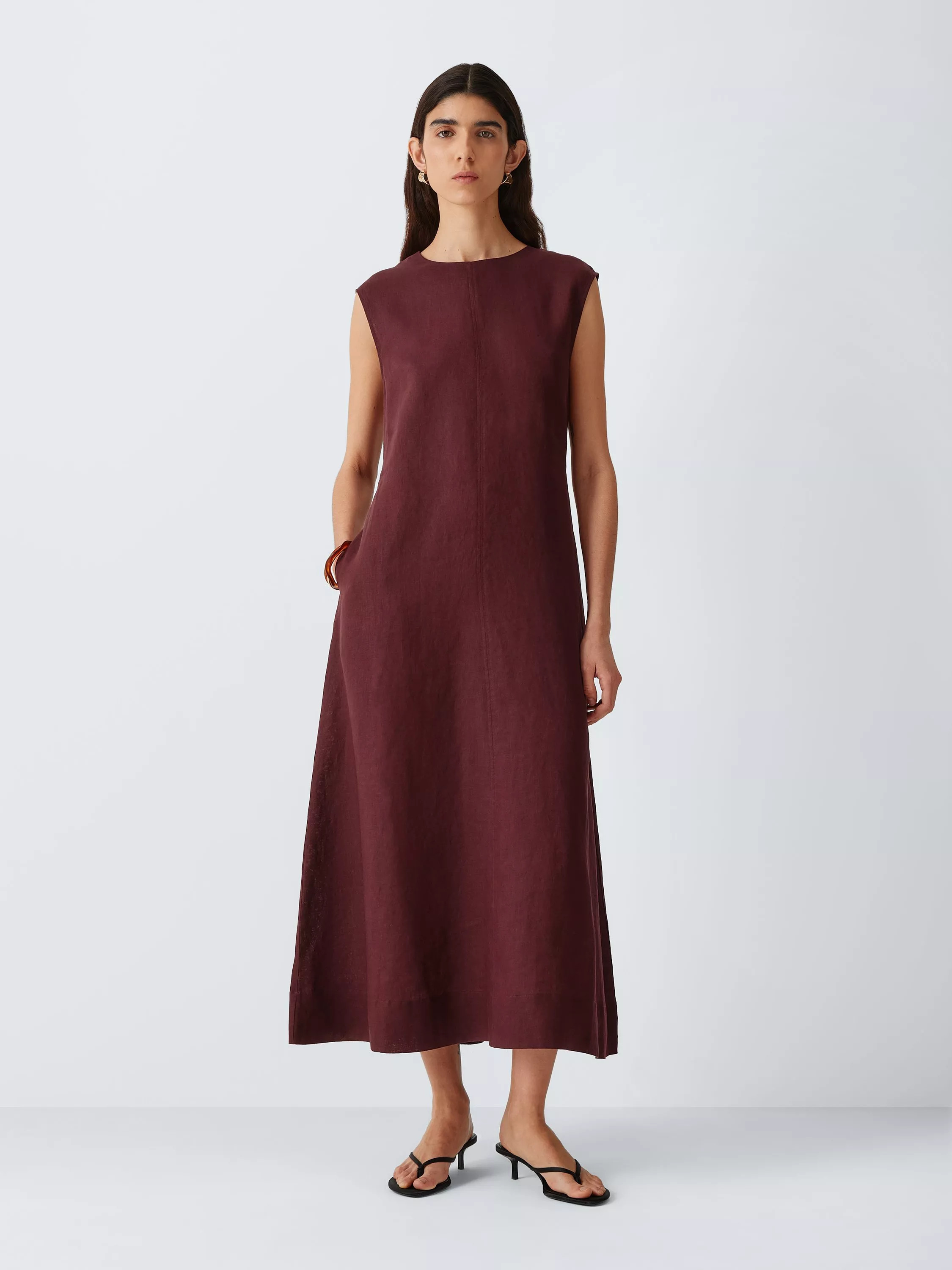 Sleeveless Linen Midi Dress, Burgundy | John Lewis (UK)