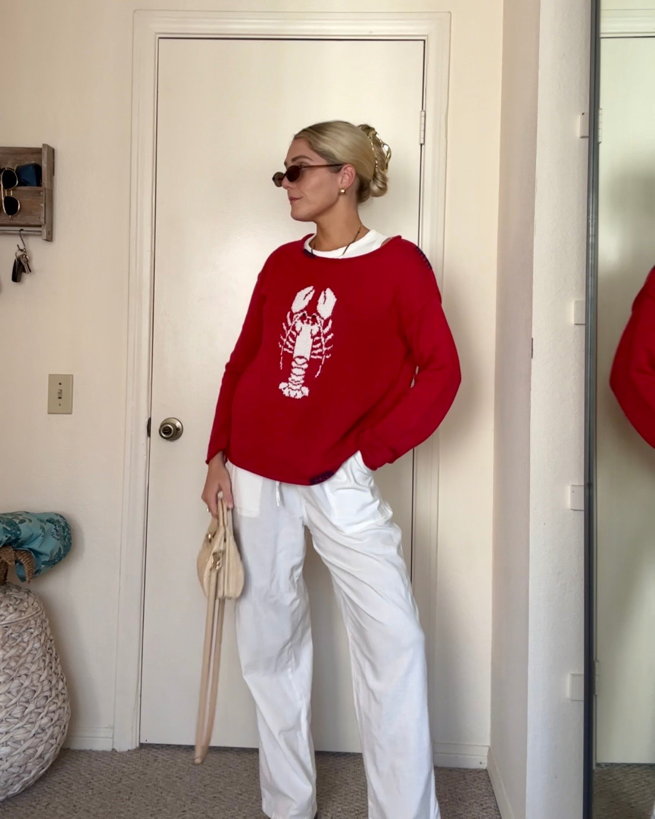 Memorial Day weekend, Fourth of July, summer outfit inspo, linen pant outfit, lobster sweater, target style 