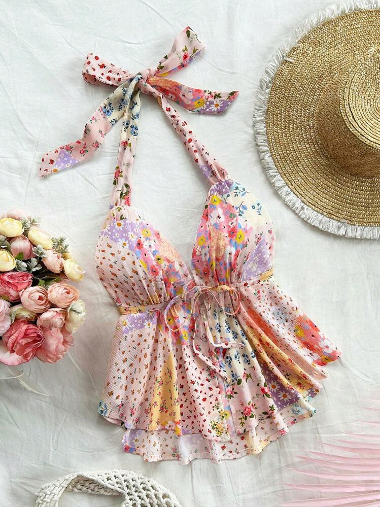 Soleia Women's Vacation Patchwork Floral Print Halter Tied Knotted Backless Cami Top | SHEIN