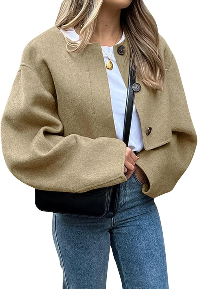 CHARTOU Women Cropped Wool Blend Pea Coat Short Jacket Peacoat Long Sleeve Button Down Crop Jacke... | Amazon (US)