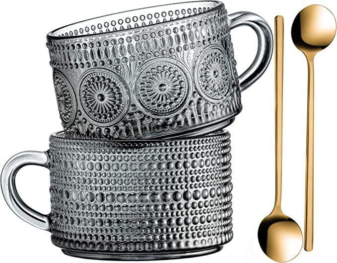 Gezzeny Vintage Coffee Mugs, Glass Coffee Mugs 14 Oz Set of 2 Gray Embossed Glass Cups, Tea Cups,... | Amazon (US)
