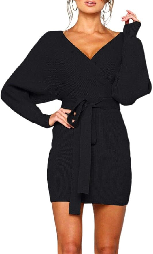 Zonsaoja Women's Sweater Dress Sexy V Neck Long Sleeve Backless Wrap Knitted Mini Dresses | Amazon (US)
