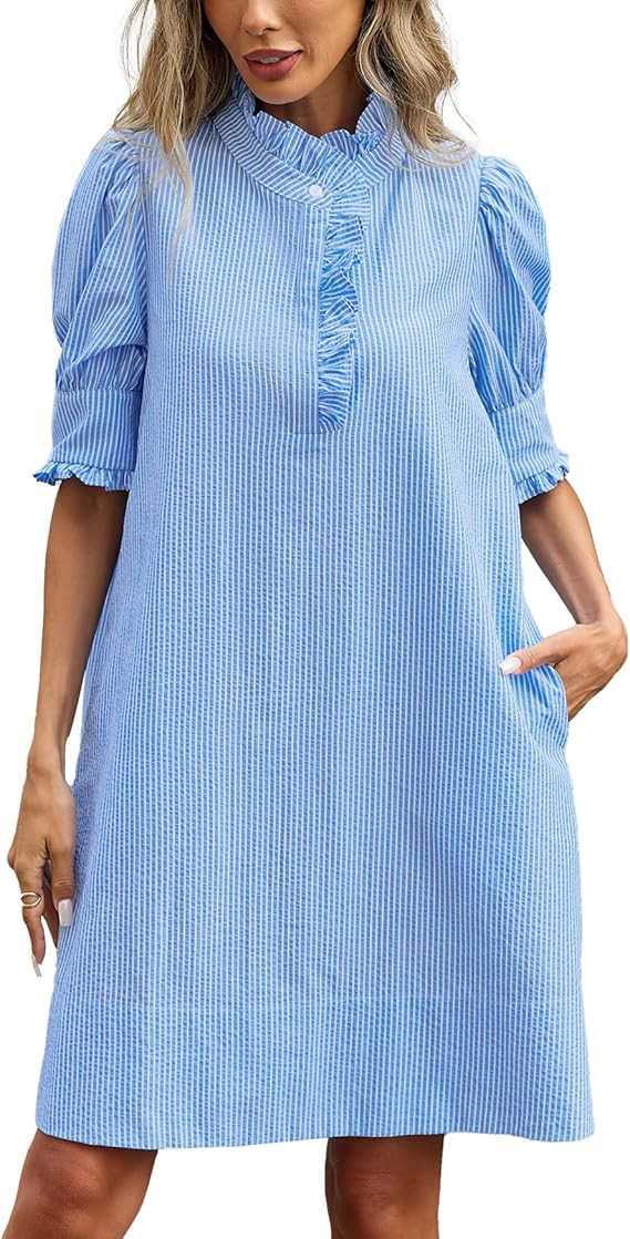 YEXPINE Women's Puff Short Sleeve Stand Ruffle Collar Summer Dress Casual A Line Shift Mini Dress... | Amazon (US)