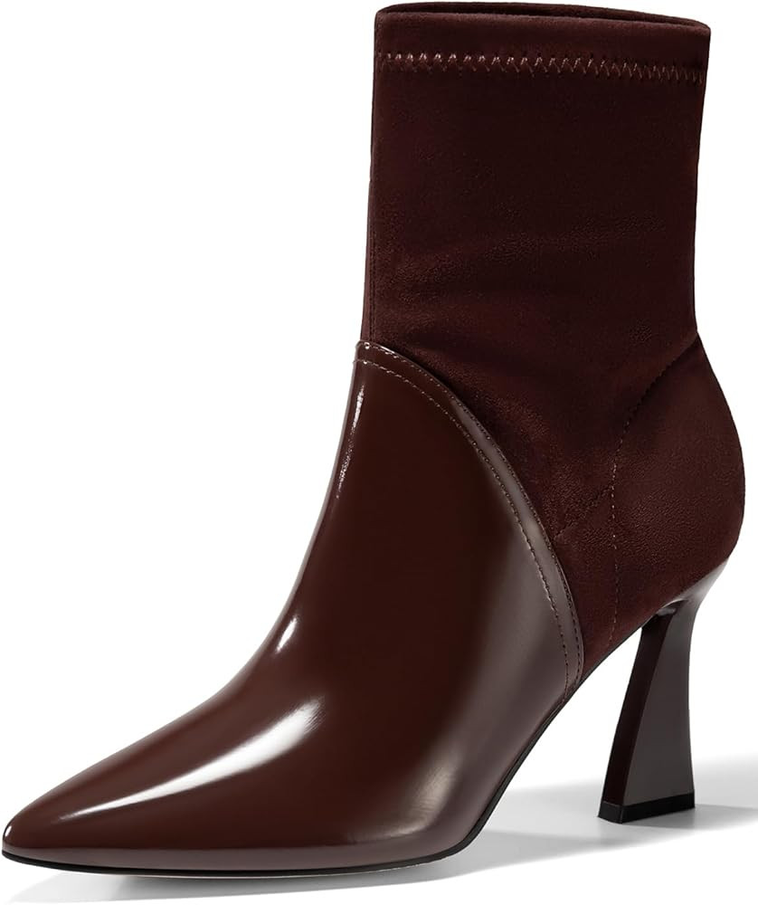 Coutgo Women's Pointed Toe High Heel Ankle Boots Patent Faux Leather Suede Splicing Slip On Fashi... | Amazon (US)