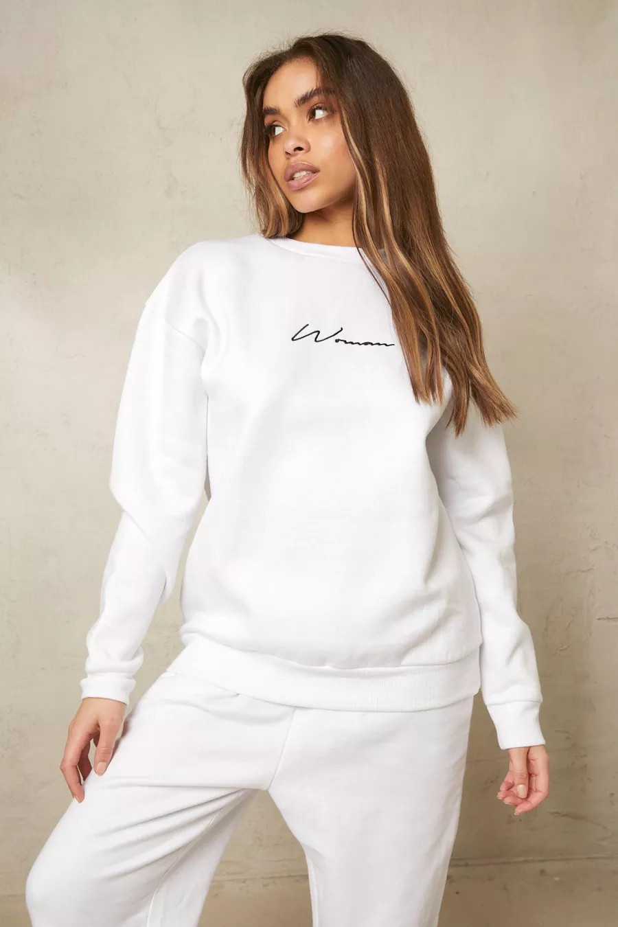 White Recycled Woman Script Sweatshirt | Boohoo.com (UK & IE)