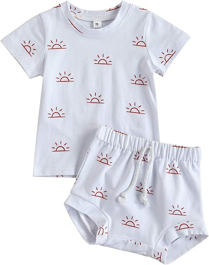 2Pcs Toddler Baby Boy Sun Print T-Shrit Tops + Shorts Summer Solid Clothing Set | Amazon (US)