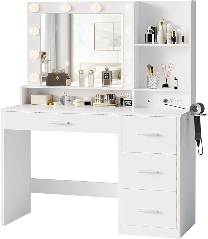 YESHOMY Vanity Desk with Mirror, Power Outlet and 10 Lights, Makeup Table with 4 Drawers, 3 Color... | Amazon (US)