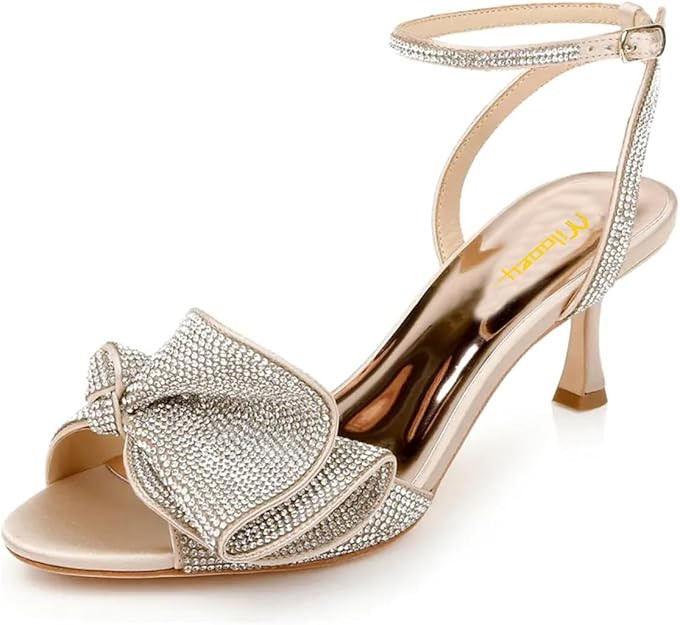 Milooey shoes Womens Glitter Rhinestone Bow Heeled Sandal Elegant Crystal Ankle Strap Kitten Heel... | Amazon (US)