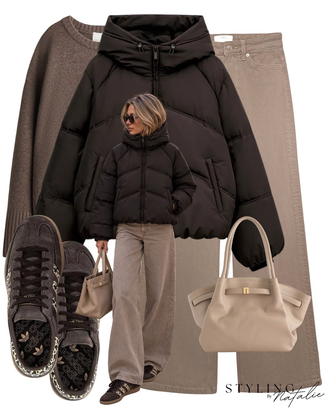Hooded puffer jacket, brown knit jumper, Adidas special leopard print, beige wide leg jeans, mini tote bag, neutral outfit, animal print, winter autumn fall, Zara, sneakers, knitwear, casual outfit. Brown outfit @adidas @Zara