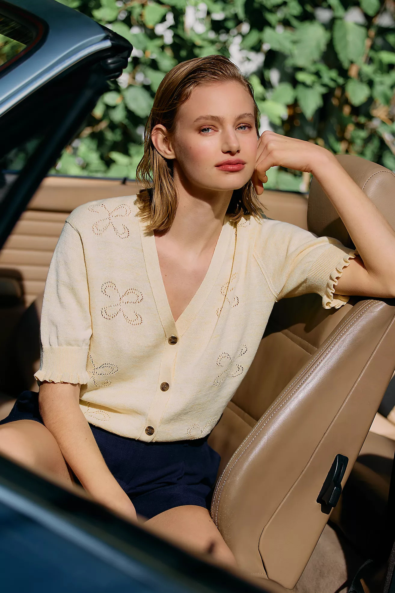 Maeve Pointelle Short-Sleeve Cardigan Sweater