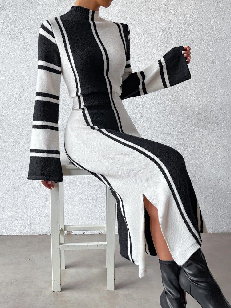 Striped Pattern Slit Hem Sweater Dress | SHEIN