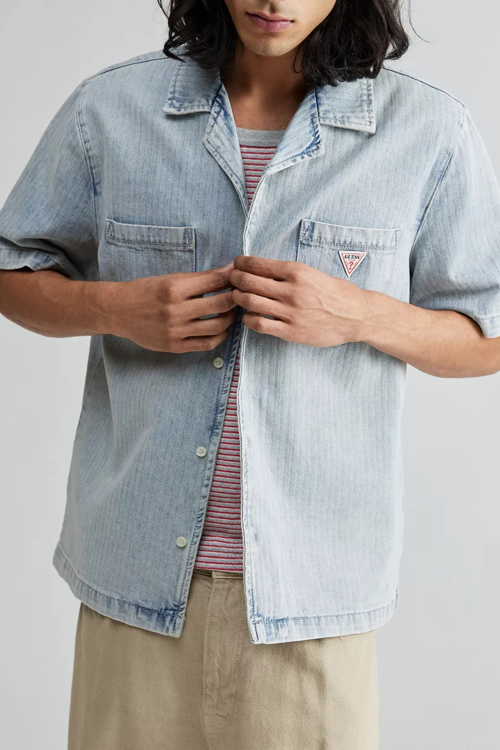 GUESS ORIGINALS Herringbone Denim Short Sleeve Button-Down Shirt | Urban Outfitters (US and RoW)