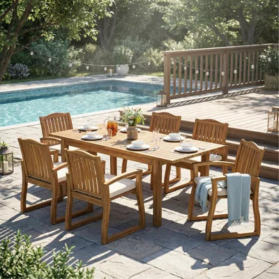 7 Pieces Acacia Wood Outdoor Dining Set With Cushions, Modern 6 Chairs 1 Large Table,Dining Furniture Set For Lawn, Backyard, Garden Deck,Poolside | Wayfair North America