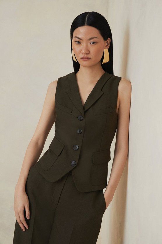The Founder Tailored Tencel Linen Pocket Detail Waistcoat | Karen Millen UK + IE + DE + NL