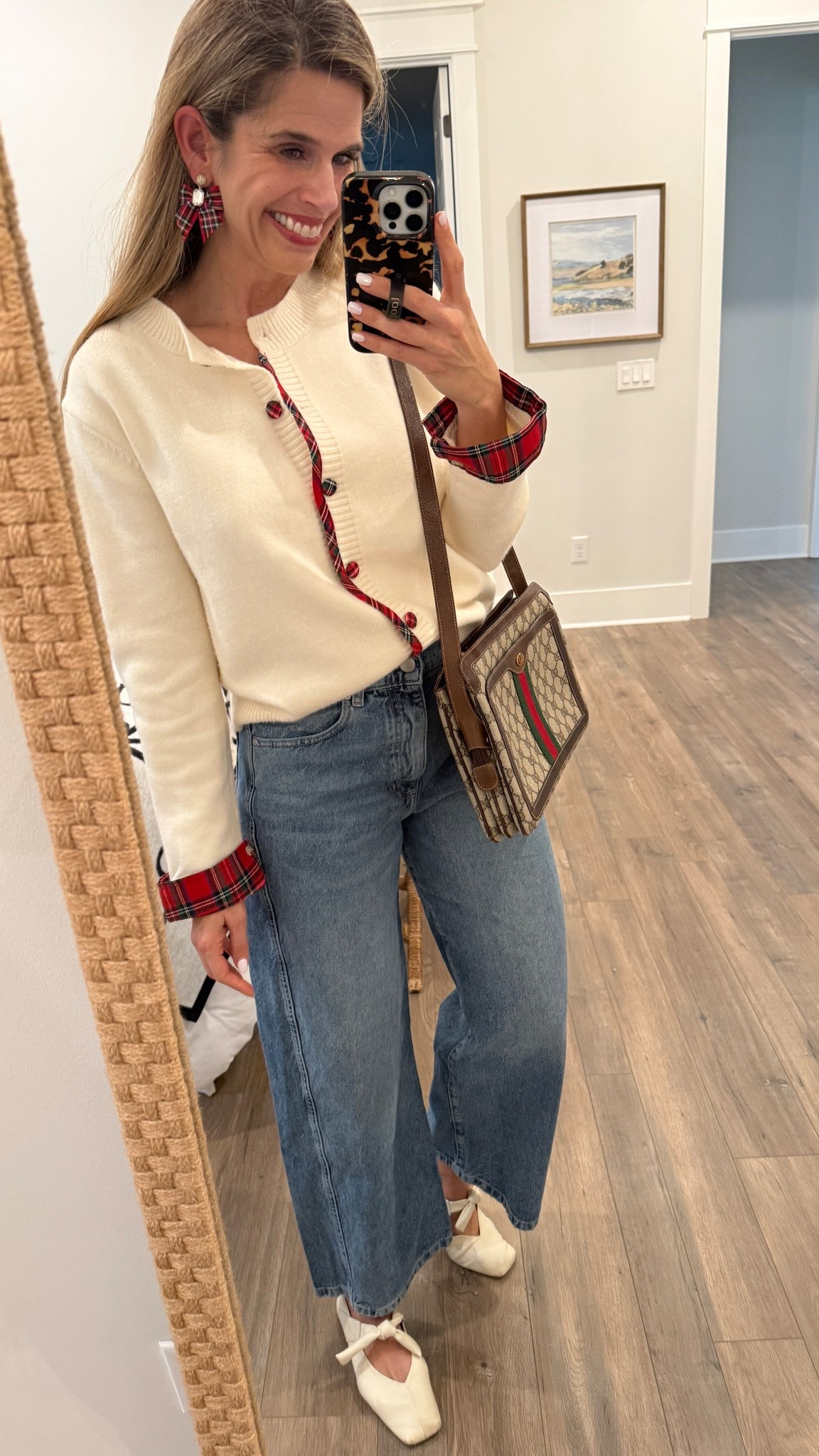 Plaid trimmed cardigan, jeans and ballet flats. My mom’s vintage Gucci from when I was a kid 

#LTKHoliday #LTKSeasonal #LTKFindsUnder100