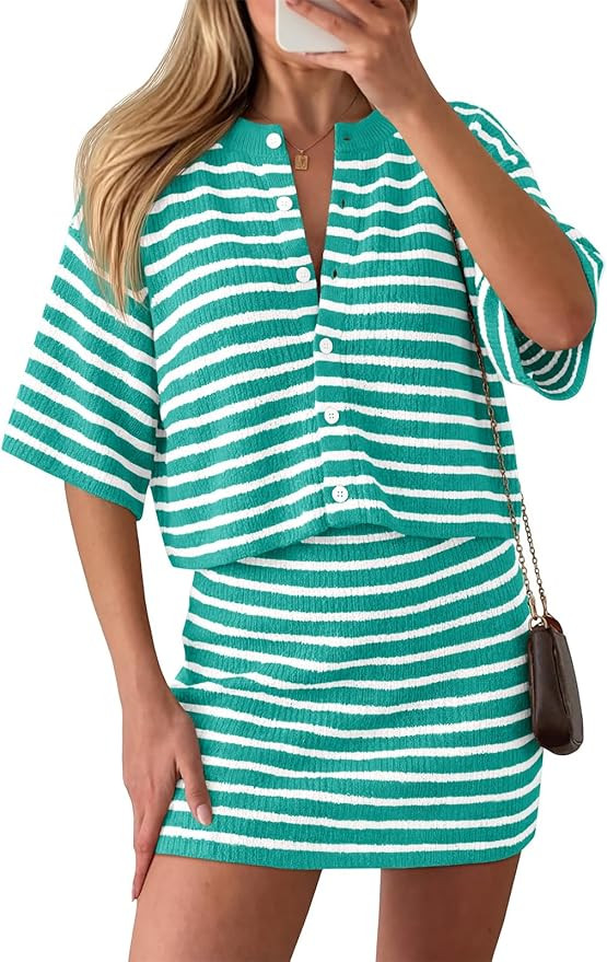 Saodimallsu Womens Two Piece Skirt Set Summer Striped Knit Short Sleeve Button Cardigans And Mini... | Amazon (US)