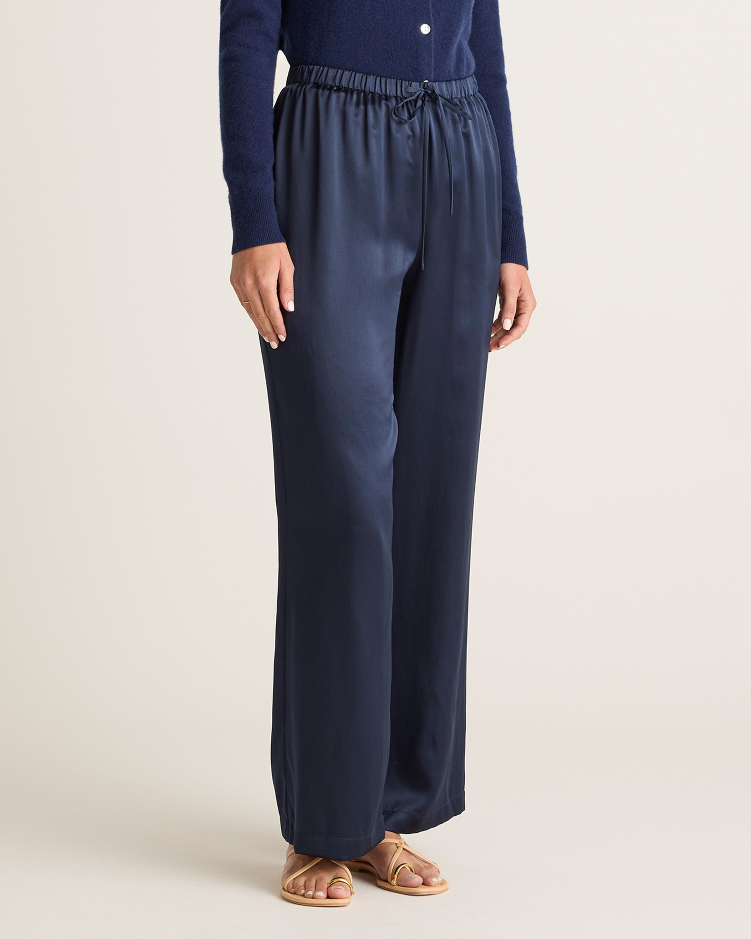 Quince | Women's Washable Silk Drawstring Wide Leg Pants in Navy, Size Small | Quince