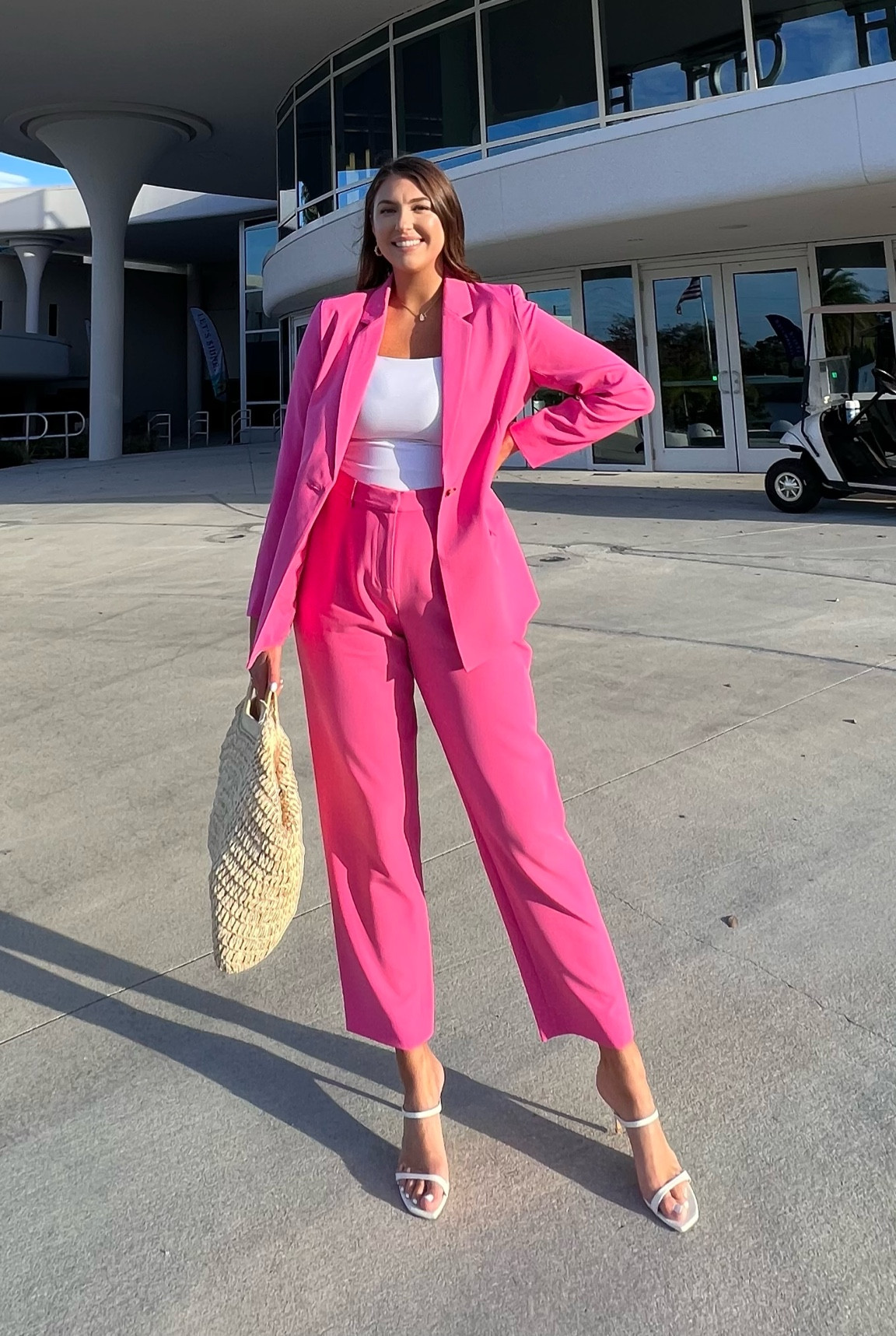 Amazon finds pink suit, pink blazer, pink trousers, pink pants, white bodysuit, Amazon bodysuit, white sandals, Stuart weitzman shoes

#LTKU #LTKFind #LTKSeasonal