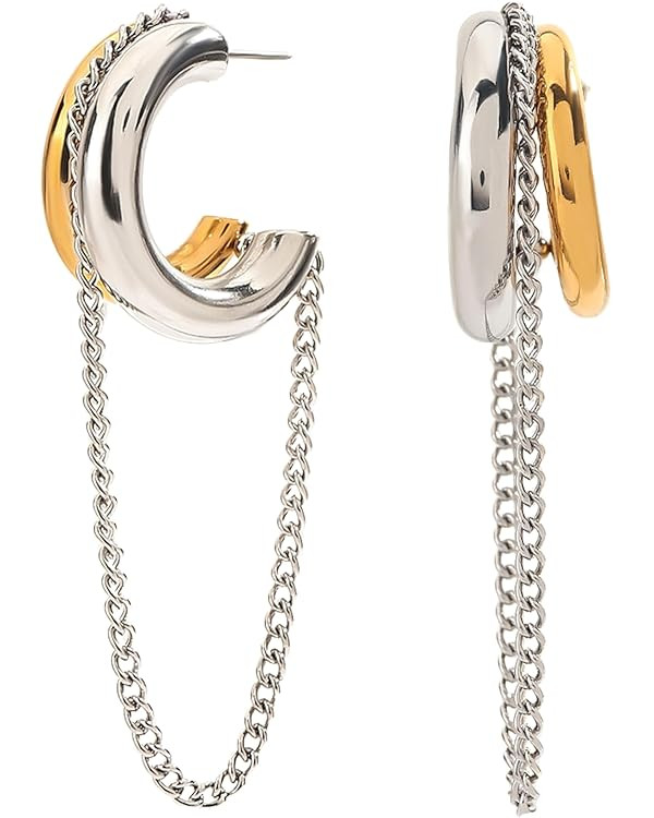 Tassel Chain Hoop Earrings for Women Trendy Two Tone Dangling Chain Earrings Hypoallergenic Fashi... | Amazon (US)