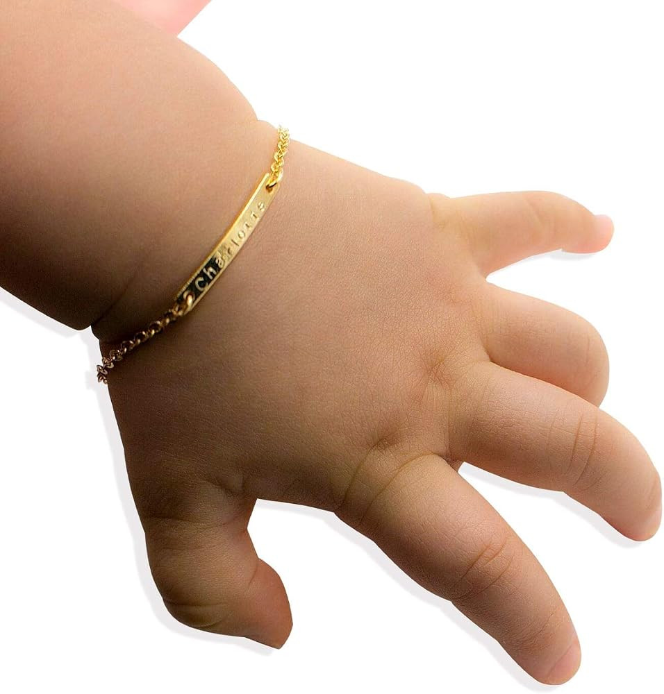 Baby Name Bar ID Bracelet Gold Plated Personalized Baby Gifts 16k Gold Dainty Hand Stamp Customiz... | Amazon (US)