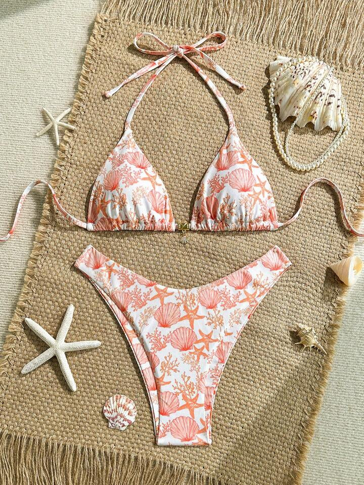 Swim Mod 2pcs/Set Summer Holiday Random Print Ribbed Texture Fabric Golden Shell Decor Halter Triangle Bra Bikini Top And High-Cut Bikini Bottom Sexy Swimwear Set | SHEIN