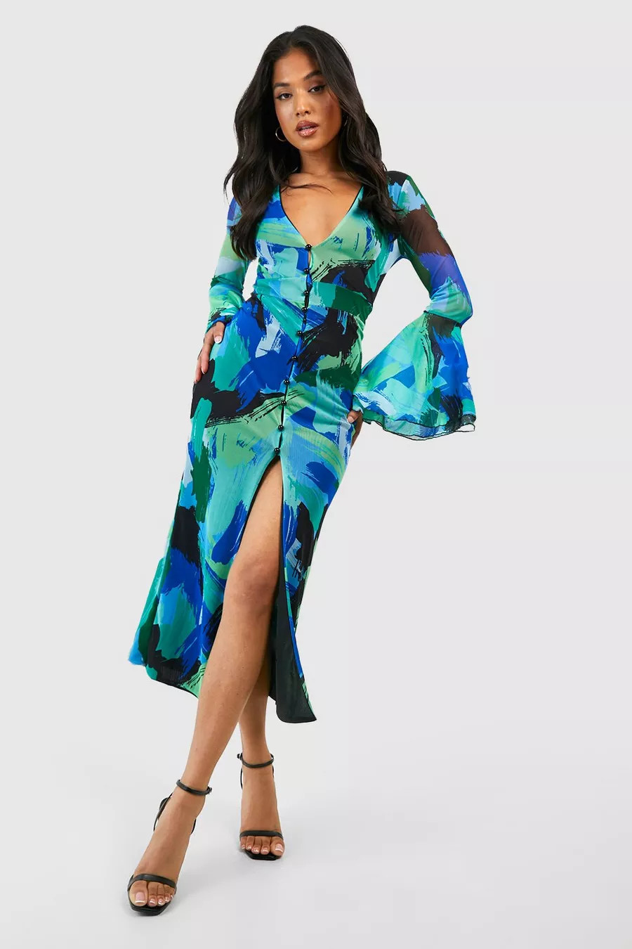 Petite Abstract Mesh Flare Sleeve Midaxi Dress | Boohoo.com (UK & IE)