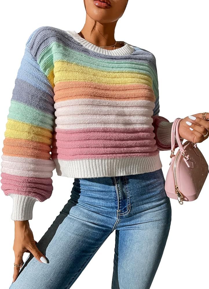 Women's Colorblock Long Sleeve Drop Shoulder Sweater Pullover Crop Top | Amazon (US)