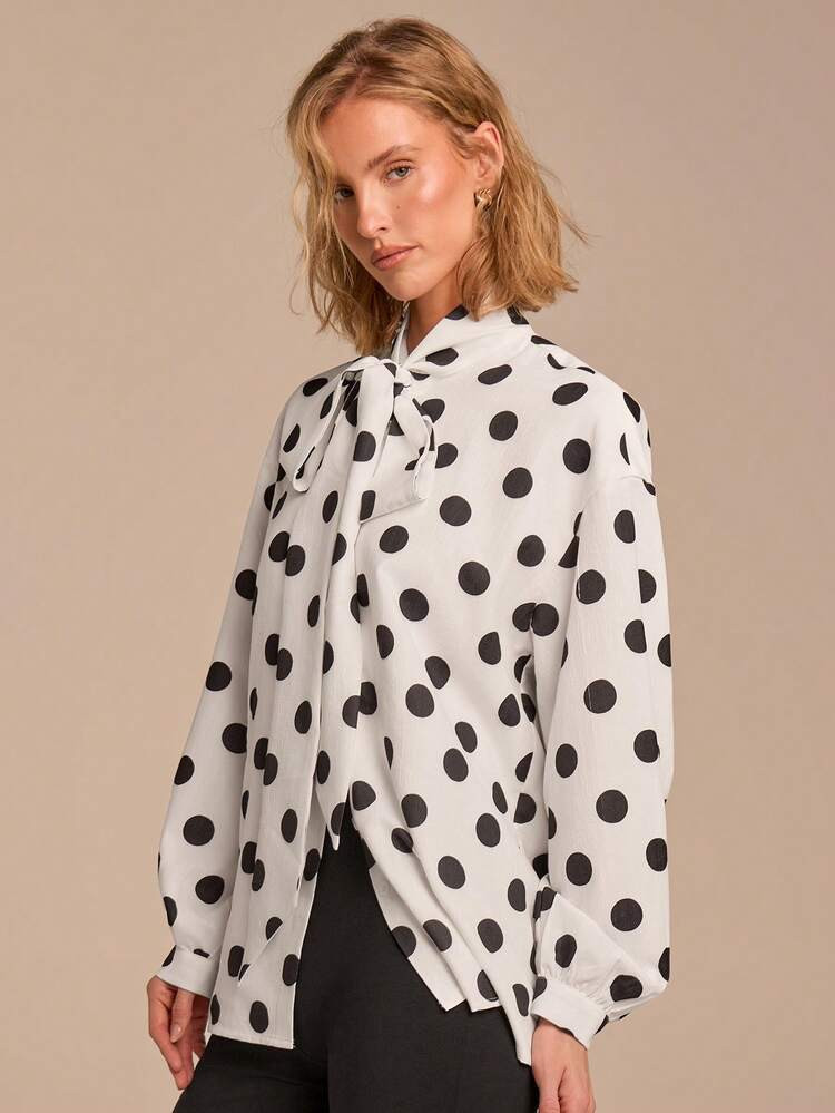 Polka Dot Tie Neck Blouse | SHEIN