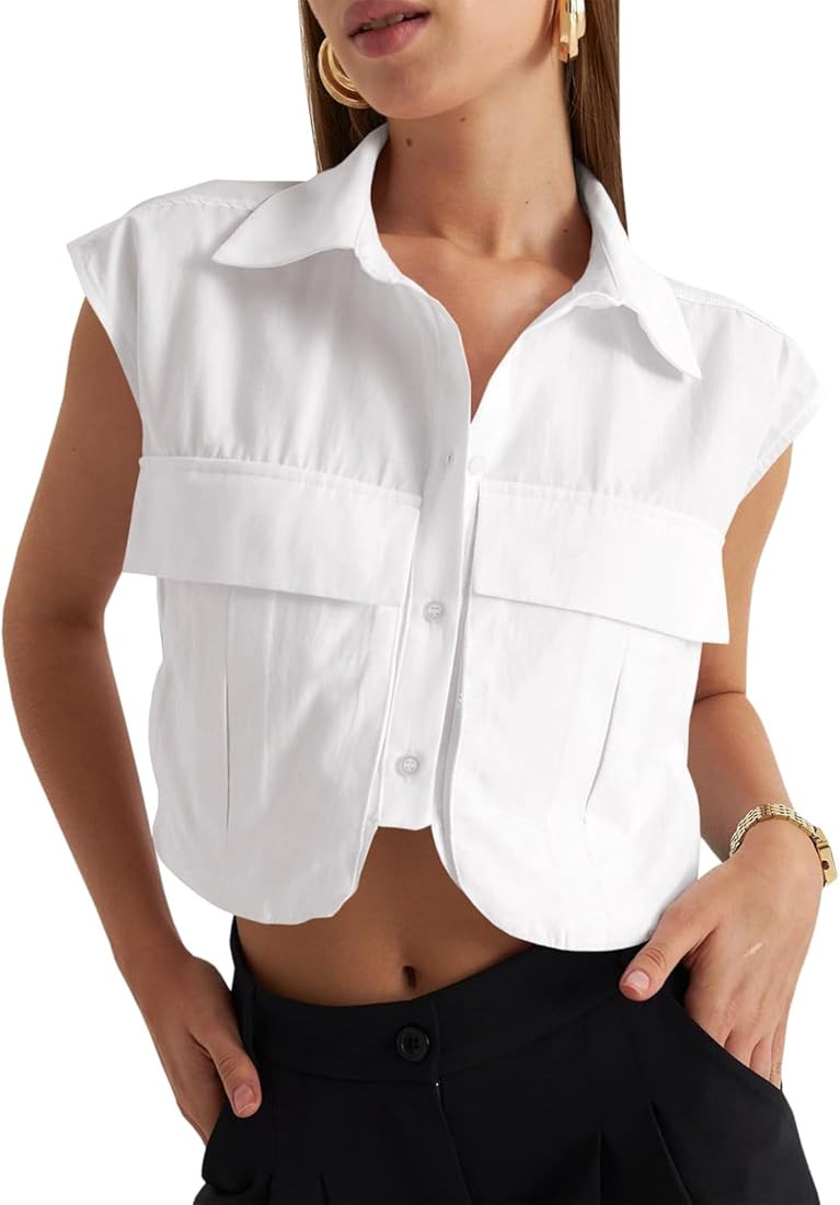 Tankaneo Womens Button Down Shirts Cute Summer Cap Sleeve Crop Tops Blouse | Amazon (US)
