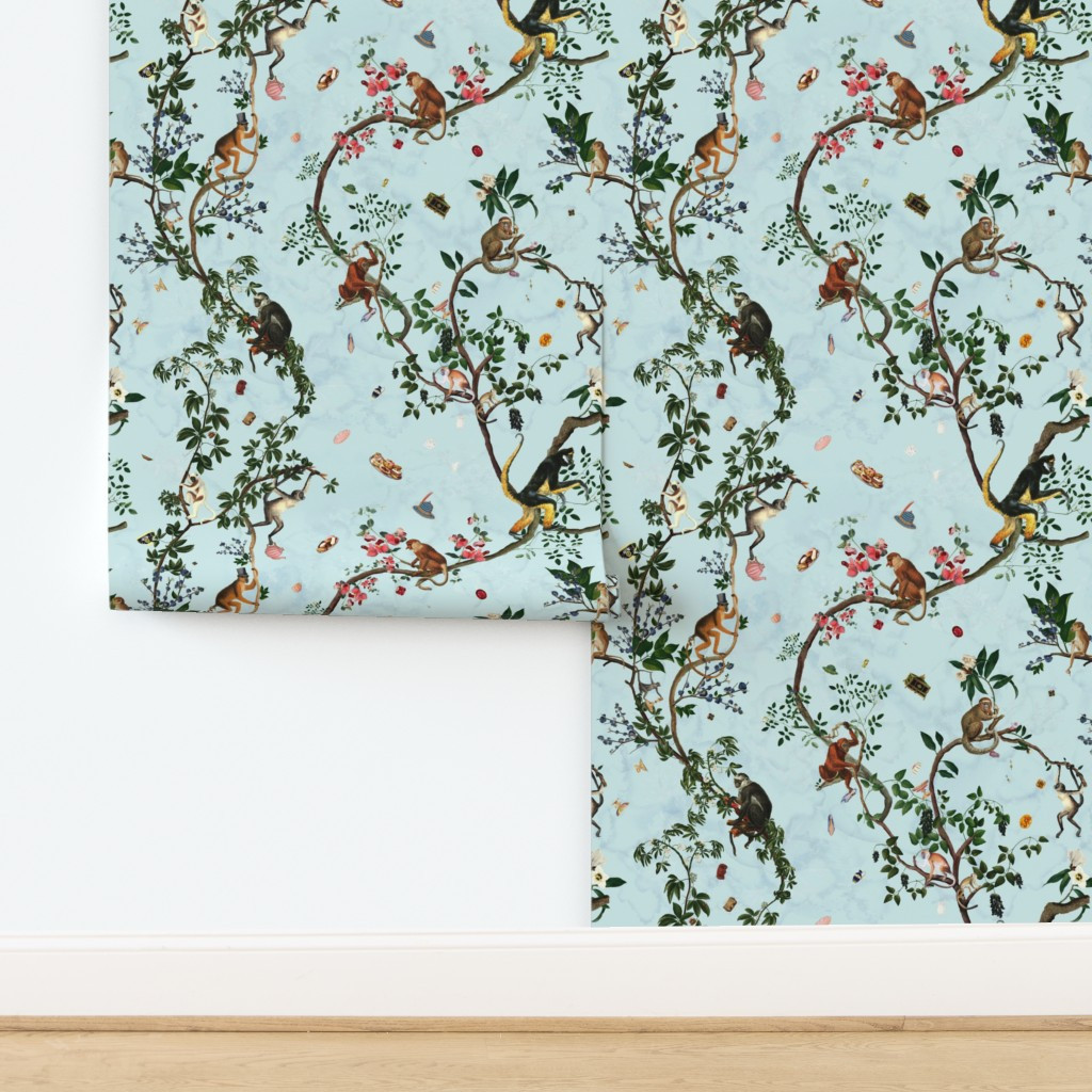 Wallpaper in MONKEY WORLD BubbleBlue | Spoonflower